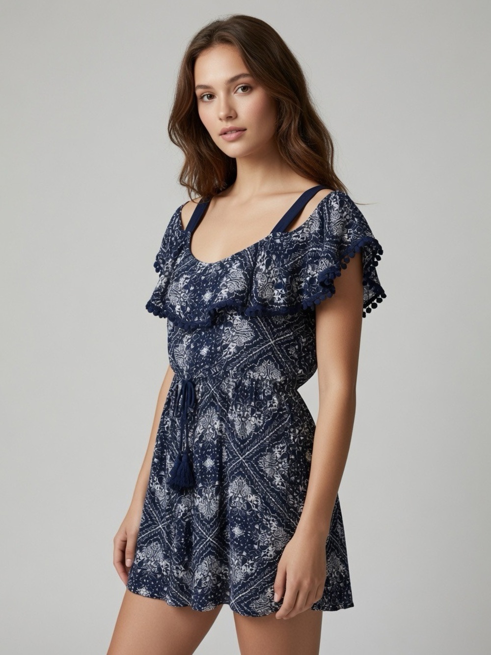 28. | Band of Gypsies | Navy and White Printed Off-Shoulder Mini Dress | M